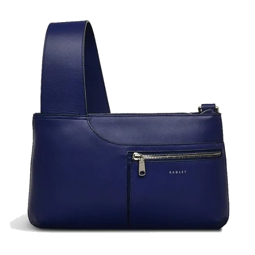 This Pockets Icon Evenfall Blue Leather Zip Top Crossbody Bag by Radley has a smooth exterior with polished silver trims.