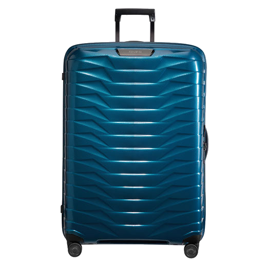 Samsonite's Proxis Petrol Blue Spinner Suitcase, 81 cm has four noise-reduced suspension wheels and interior organisation.