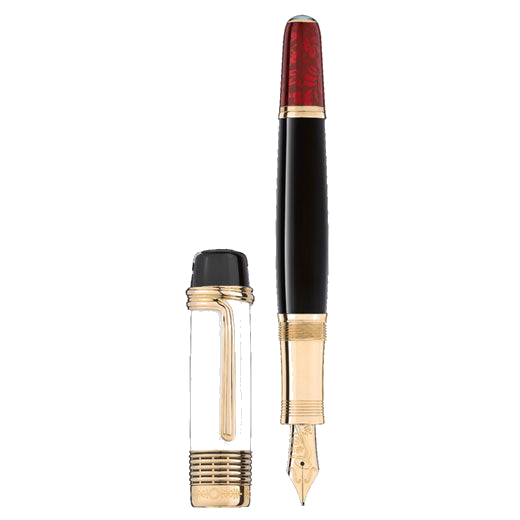 Montblanc's Luciano Pavarotti Limited Edition 4810 Fountain Pen, Patron of Art is gold-plated with precious lacquer in a mix of red, white, and black.