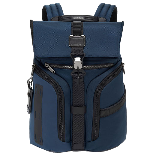 TUMI's Alpha Bravo Navy Logistics Flap Lid Backpack features a mesh panelled back.