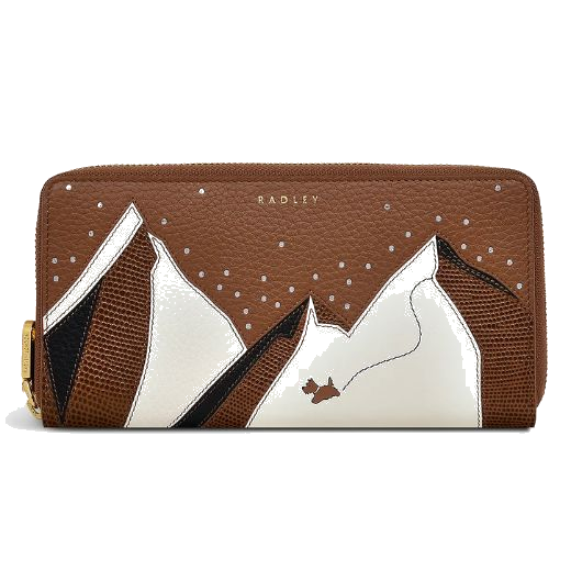 This Radley Mountain Wanderers Saddle Brown Large Zip-Around Purse holds multiple bank cards and also has extra slip pockets for cash and receipts.