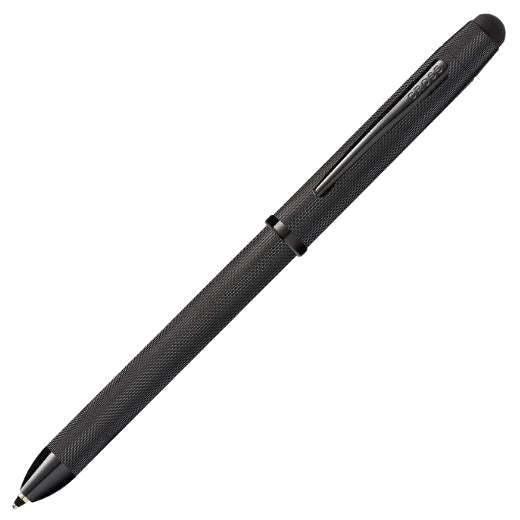 This Cross Tech3+ Brushed Black Multi-Function Pen with Stylus has an engraved texture all over the barrel and cap.
