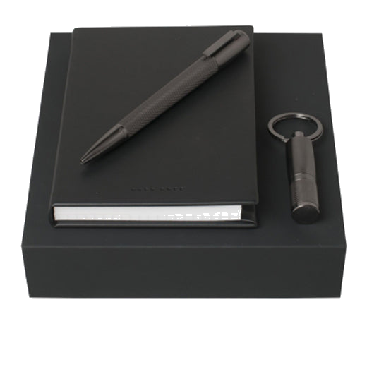 Black A6 Notepad, Ballpoint Pen and Keyring USB Set by Hugo Boss.