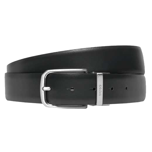 This HUGO BOSS black leather belt comes with a silver buckle with the brand name engraved onto it.