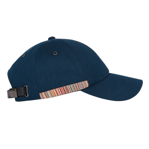 This Paul Smith Signature Stripe Trim Navy Cotton Baseball Cap has a black leather strap to adjust the size of the cap.