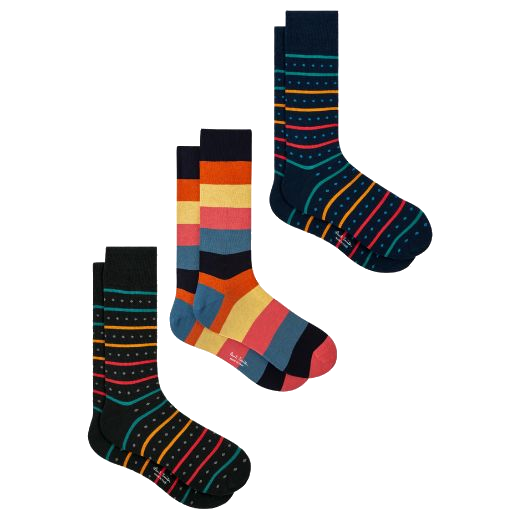 Paul Smith's Men's Artist Stripe Mixed Socks 3 Pack has three different designs so you can alternate and add a pop of colour to your everyday outfit.