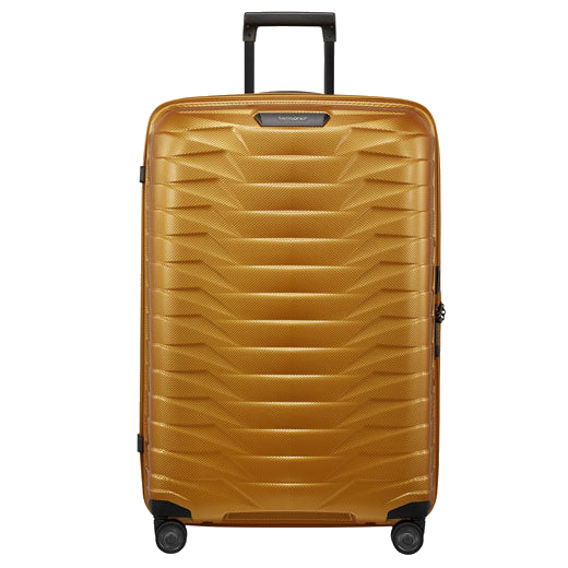 This Samsonite Proxis Honey Gold Spinner Suitcase, 75 cm has a hard shell exterior made out of polypropylene.
