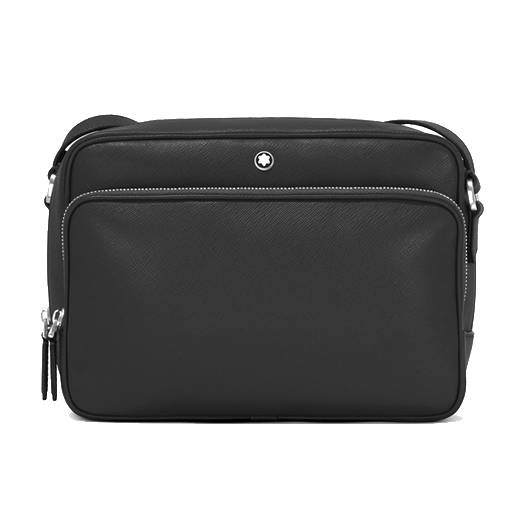 Montblanc's Sartorial Black Leather Messenger Bag with a front zip pocket and main compartment.