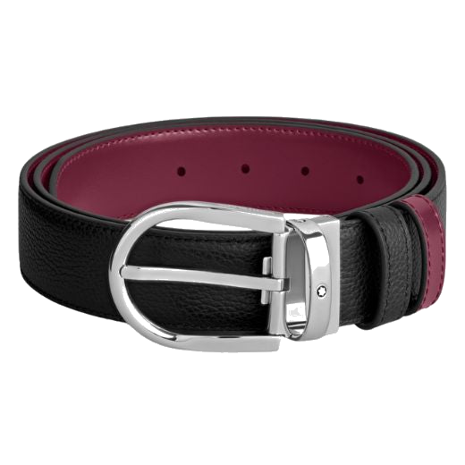 Montblanc's Horseshoe Palladium Buckle Reversible Black & Cassis Leather Belt is made in Italy with Italian cowhide leather.