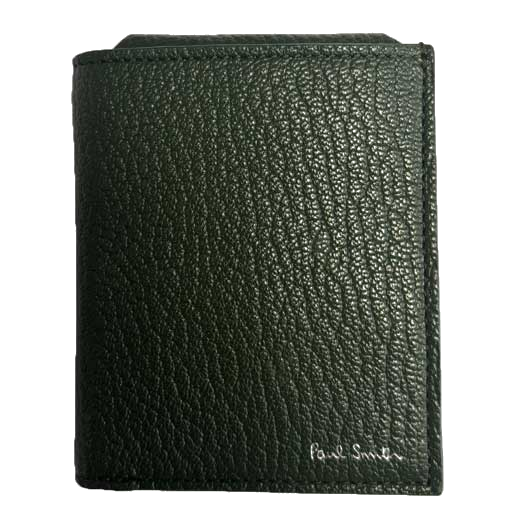 The Paul Smith brand name has been embossed onto the green leather of this card holder.