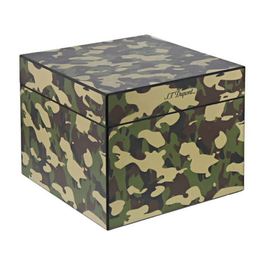 This Cube Cigar Humidor in Camouflage by S. T. Dupont can hold up to 60 Corona cigars inside.