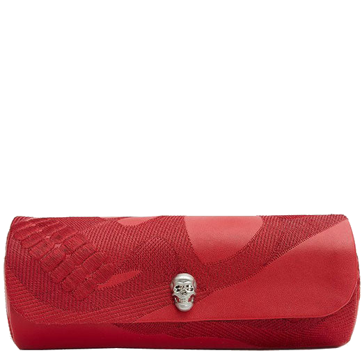 The WOLF 1834 Red Memento Mori Triple Watch Roll with Capsule features an adjustable snap closure.