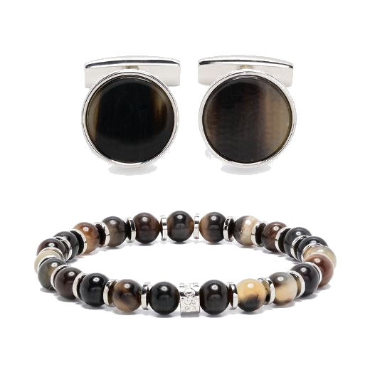 This BOSS Brown Beaded Bracelet and Cufflinks Set is made out of cattle horn and brass that has a polished silver finish.