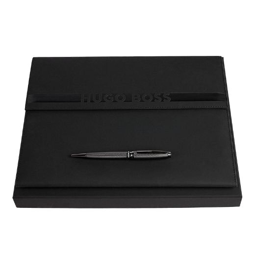 This Hugo Boss Stream Gunmetal Ballpoint and Cloud A4 Black Folder Set makes a lovely gift for anyone who loves to stay organised and white down notes and ideas.