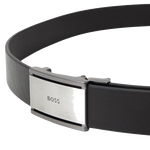 The BOSS logo is engraved in black on the buckle of the Jecori Black Leather Clamping Buckle Belt with Logo.