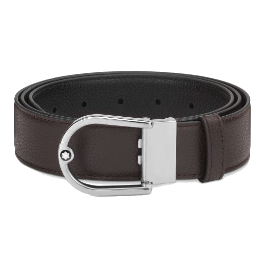 This Montblanc Horseshoe Buckle Reversible Grainy Leather Belt in Ebony/Black has a shiny palladium finish with the snowcap emblem.