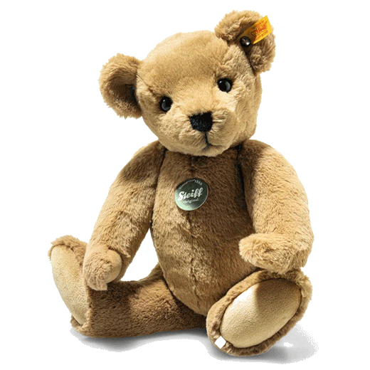 Steiff's Teddies for Tomorrow Lio the Brown Bear is made of soft linen plush derived from recycled PET bottles.