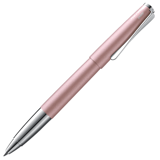 This LAMY Studio Rose Matte Special Edition Rollerball Pen has polished chrome accents that stand out against the metalling rose pink.