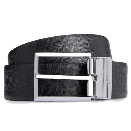 This BOSS Interchangeable Plaque & Pin Buckle Reversible Belt Black has textured saffiano leather on one side and plain black leather on the other.