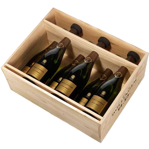 This is the Bollinger R.D. 2008 Champagne 6x75 cl inside a wooden box.