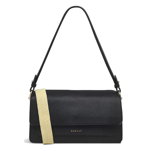 Radley's Leather Lane Medium Black Flapover Shoulder Bag is made out of grained cowhide leather with a flap closure into the main compartment.