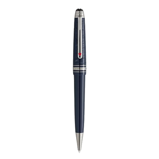The Meisterstück Around the World in 80 Days Blue Midsize Ballpoint Pen by Montblanc has platinum trims on the cap ring and nib.