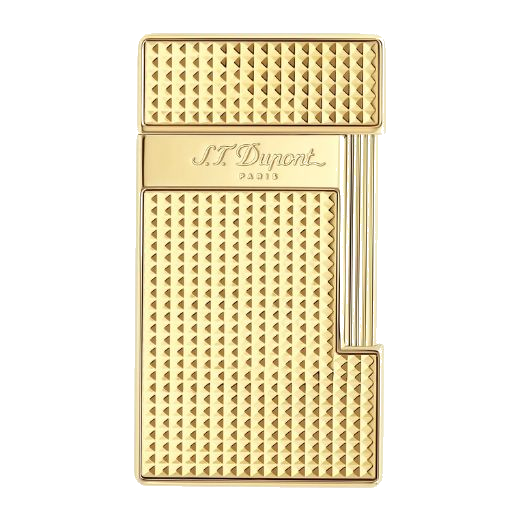 This S.T. Dupont Slimmy Gold Diamond-Point Lighter has the brand name engraved on the front of the lighter on the plain gold panel.