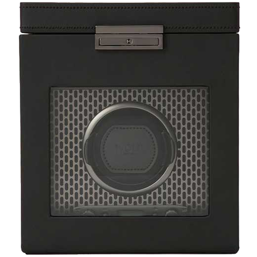 This WOLF Powder Coat Axis Watch Winder with Jewellery Storage has internal room for cufflinks or earrings.