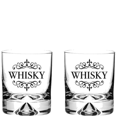 These Dimple Base 2 x 28cl 'Whisky' Engraved Large Tumblers have been designed by Royal Scot Crystal.