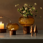 lsa oblate tall amber vase with walnut base lifestyle