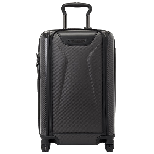 This TUMI McLaren Carbon Fibre Aero International Expandable 4 Wheel Carry-On features a patch on the back.