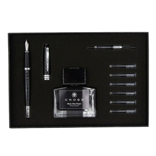This Cross Bailey Black Lacquer Fountain Pen & Ink Set comes in a lovely presentation box with the pen, ink bottle, and cartridges aligned neatly.