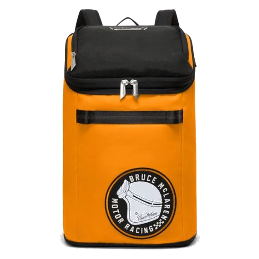 TUMI's McLaren Packable Papaya Backpack has dual zips that can be tucked under for the main compartment.