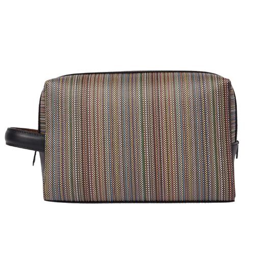 This Paul Smith 'Signature Stripe' Coated Canvas Wash Bag has a side grab handle in cowhide leather.