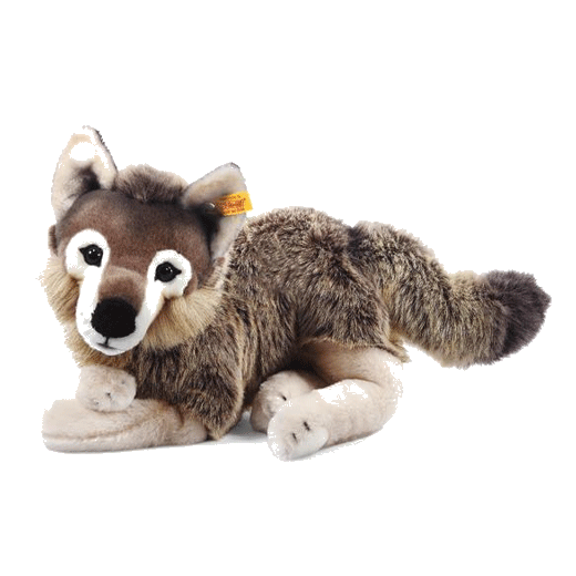 This Steiff Snorry the Dangling Wolf is made from a combination of polyacrylic and cotton and has a faux fur exterior.