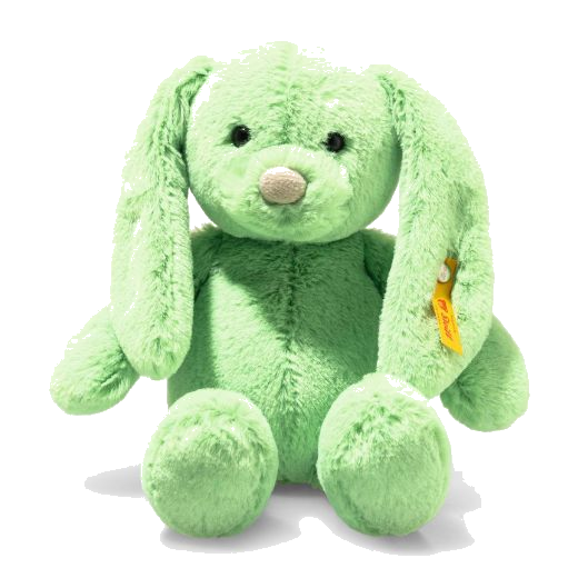Steiff's Soft Cuddly Friends Green Tilda Rabbit has a soft green plush exterior with safety eyes and an embroidered nose.