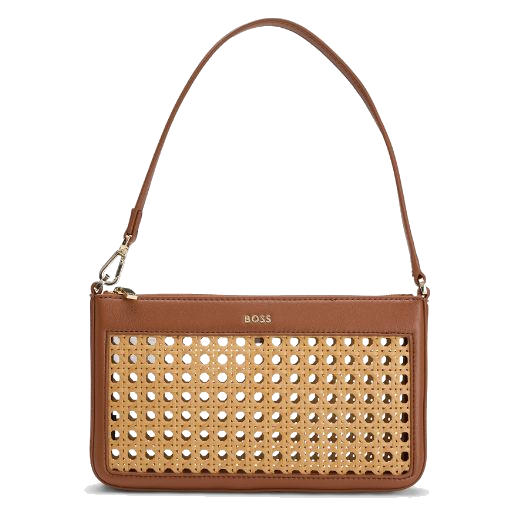 This Sandy Brown Faux Leather Woven Shoulder Bag by BOSS is great for either daytime or the evening.
