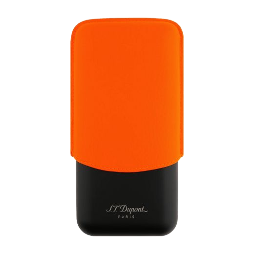 This Matte Black & Neon Orange Leather Triple Cigar Case by S.T. Dupont is made out of stainless steel and textured leather.