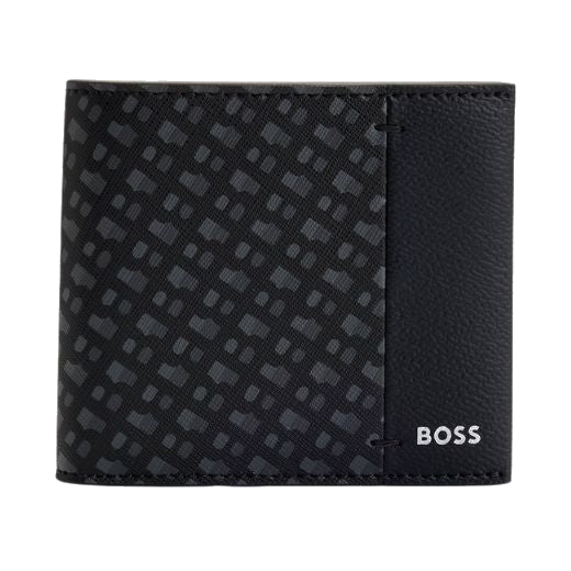 This BOSS Zair Monogram Faux Leather 4CC Coin Wallet has the brand name in silver foil embossing in the front corner.