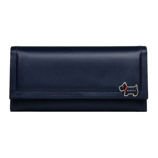Radley's Heritage Lane Ink Blue Large Flapover Matinee Purse has the Scottie dog on the front in gold foil embossing.