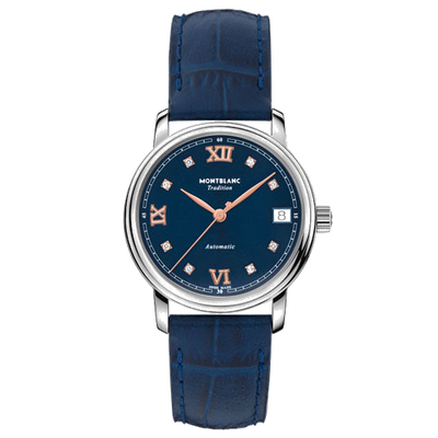 montblanc tradition blue calf leather automatic date watch
