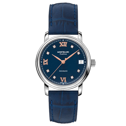Montblanc's Tradition Blue Calf Leather Automatic Date Watch features a pin buckle clasp.