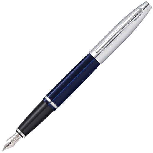 This Polished Blue Lacquer & Chrome Calais Fountain Pen was designed by Cross.