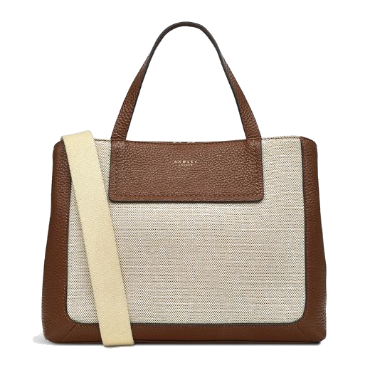 This Radley Dukes Place Brown Leather & Canvas Medium Ziptop Bag has two grab handles and a detachable crossbody strap in ecru canvas.