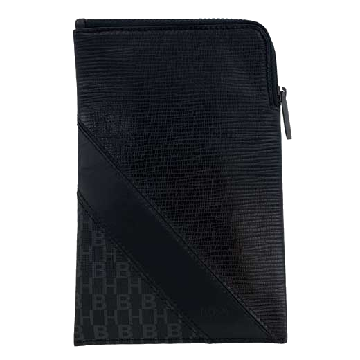 This Hugo Boss wallet comes with the HB monogram design on the front and back with a textured leather print.