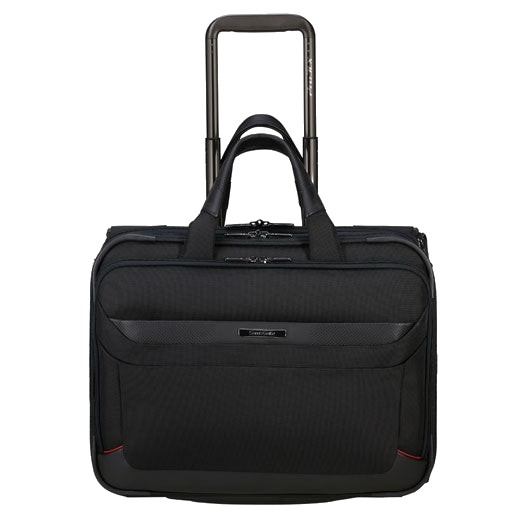 This Samsonite Pro-DLX 6 Laptop Bag with Rolling Wheels has 2 rolling wheels, a retractable handle, two grab handles and a detachable shoulder strap.