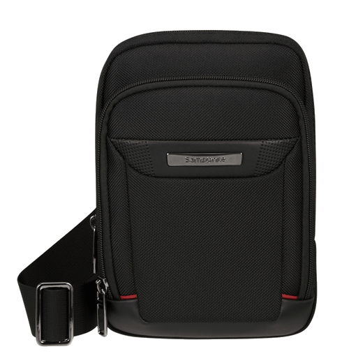 This Samsonite Pro-DLX 6 Small Crossbody Bag Black Nylon has a front zip pocket and internal compartment for an 8" tablet.