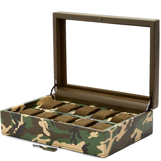 WOLF 1834's Elements Earth 10 Piece Watch Box features a lock and key closure.