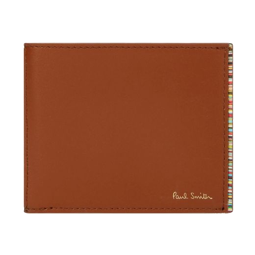 Paul Smith's Tan 'Signature Stripe' Trim Compact 6CC Billfold Leather Wallet is made from smooth cowhide leather in a tan brown shade.