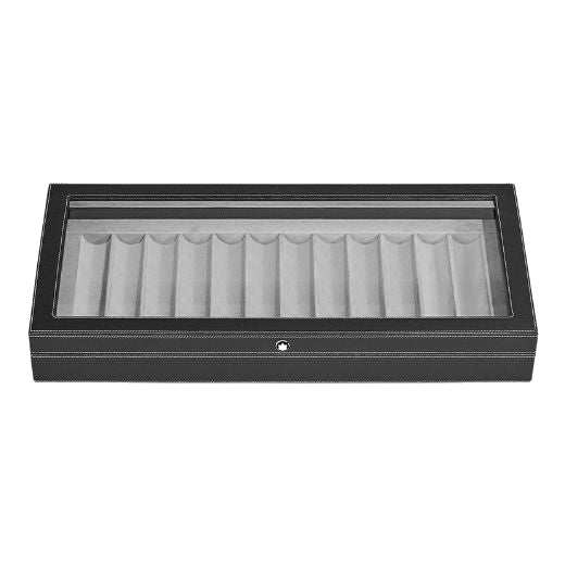 Montblanc's Lacquered Wood Collector Box for 12 Writing Instruments is made with polished and lacquered wood with a glass lid so you can see the pens.